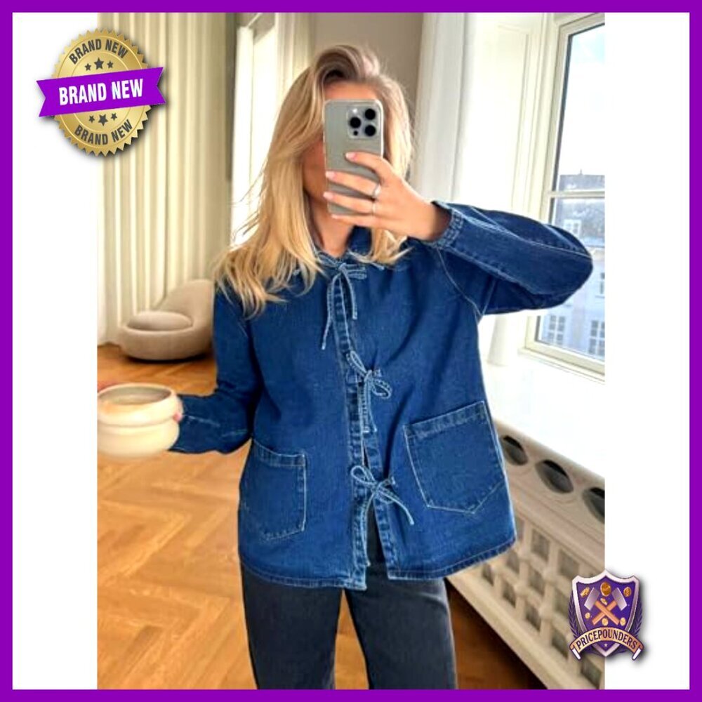 Distressed Denim Shacket Tie Front Y2K Oversized Loose Fit Long Sleeve with - Picture 2 of 7
